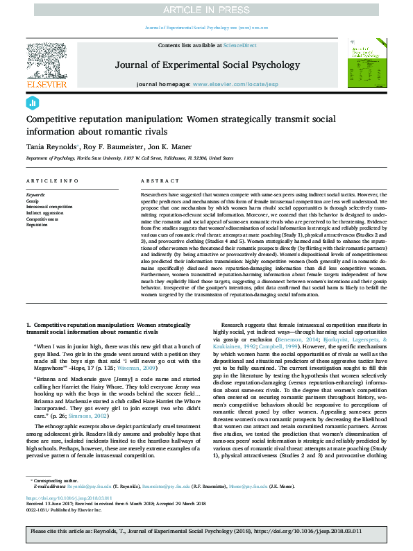 (PDF) Competitive reputation manipulation: Women strategically transmit ...