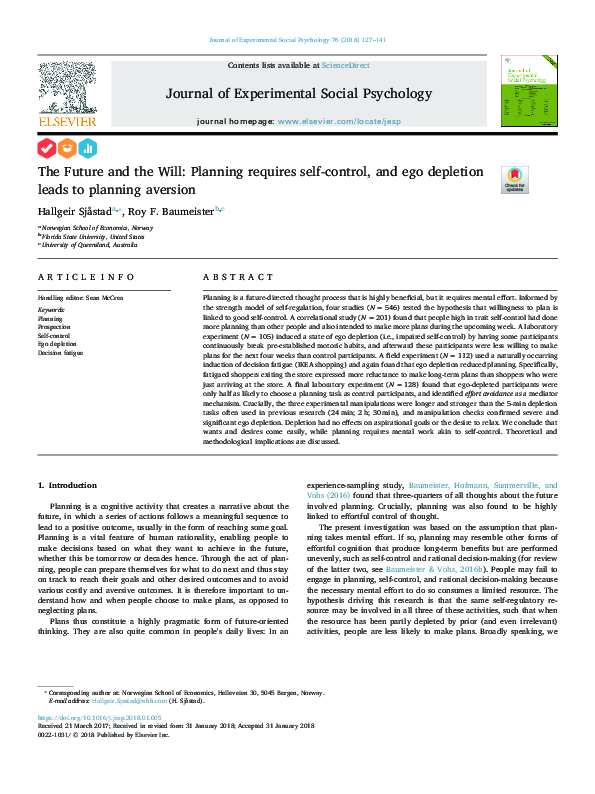 (PDF) The Future and the Will: Planning requires self-control, and ego ...