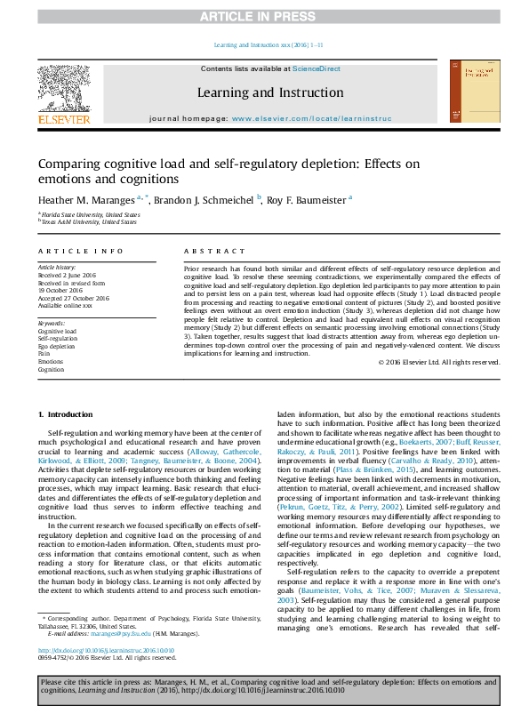 (PDF) Comparing cognitive load and self-regulatory depletion: Effects ...