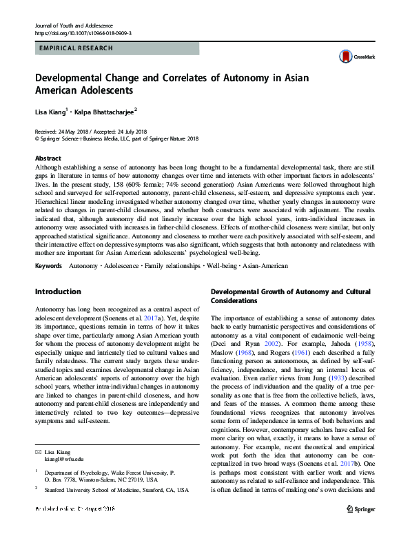 (PDF) Developmental Change and Correlates of Autonomy in Asian American ...