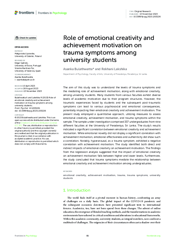 (PDF) Role of emotional creativity and achievement motivation on trauma ...