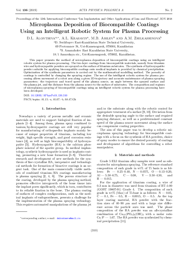 (PDF) Microplasma Deposition of Biocompatible Coatings Using an ...