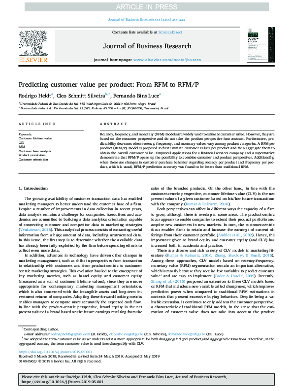 (PDF) Predicting customer value per product: From RFM to RFM/P