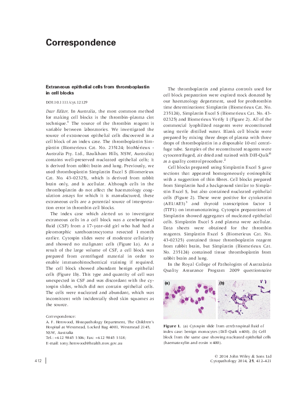 (PDF) Extraneous epithelial cells from thromboplastin in cell blocks