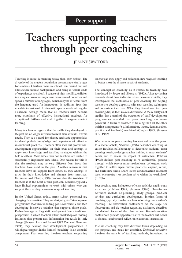 (PDF) Teachers supporting teachers through peer coaching