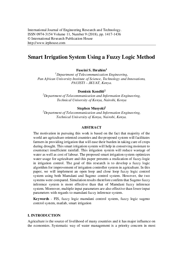(PDF) Smart Irrigation System Using a Fuzzy Logic Method 1419