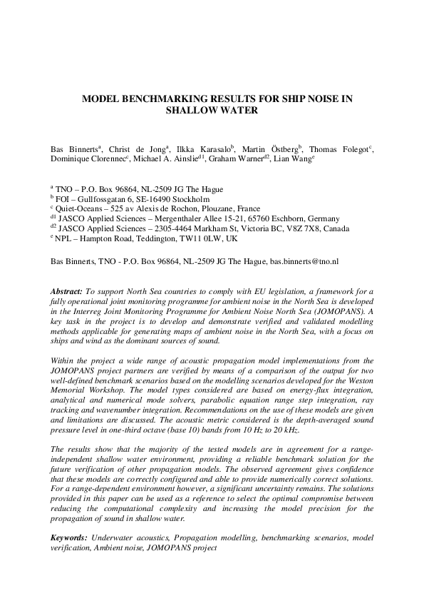 (PDF) Model Benchmarking Results for Ship Noise in Shallow Water