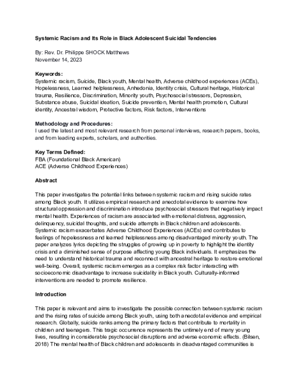 (PDF) Systemic Racism and Its Role in Black Adolescent Suicidal Tendencies