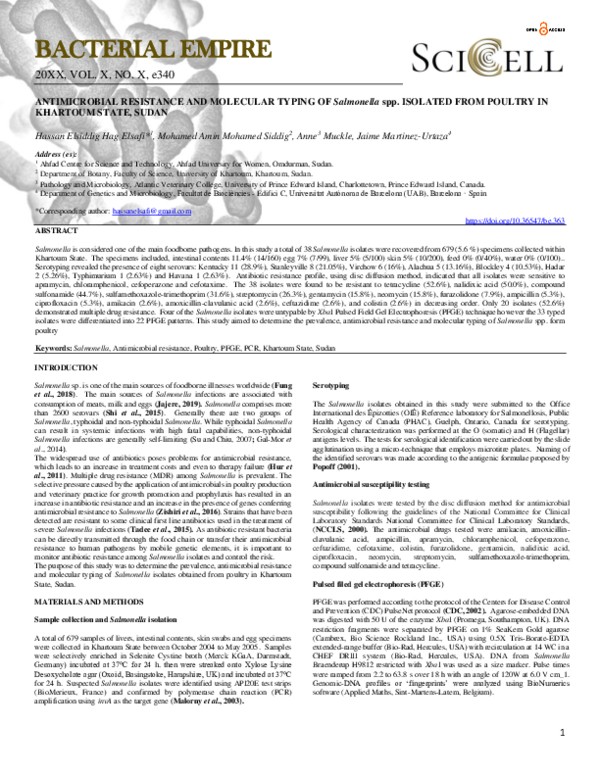 (PDF) ANTIMICROBIAL RESISTANCE AND MOLECULAR TYPING OF Salmonella spp ...