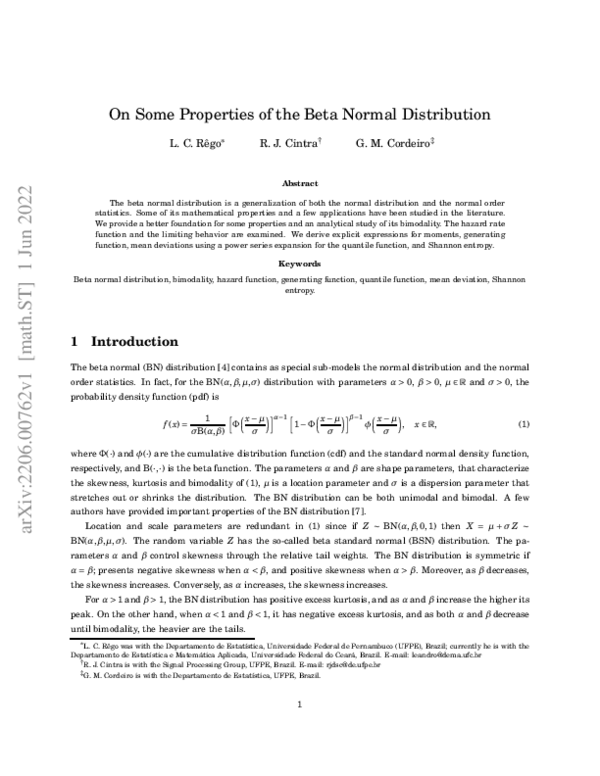 (PDF) On Some Properties of the Beta Normal Distribution | Gauss ...