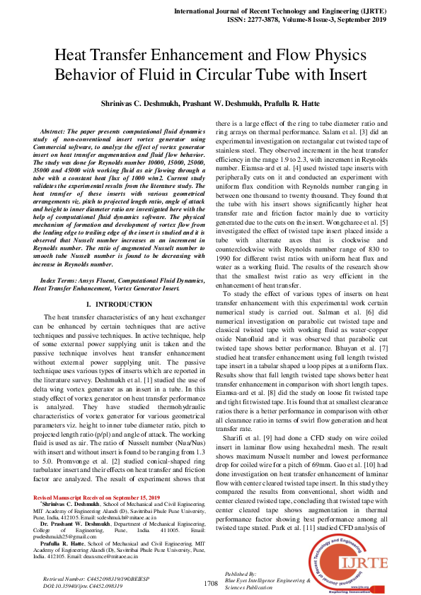 (PDF) Heat Transfer Enhancement and Flow Physics Behavior of Fluid in ...