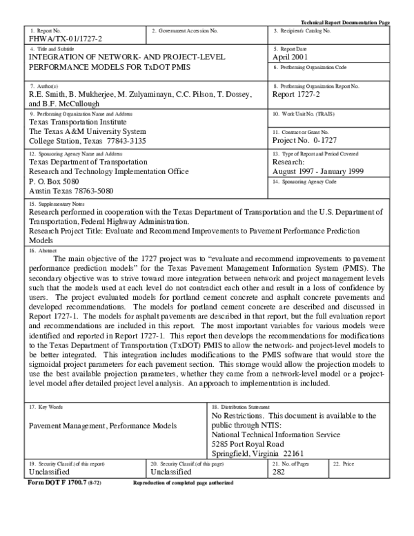 (PDF) INTEGRATION OF NETWORK- AND PROJECT-LEVEL PERFORMANCE MODELS FOR ...
