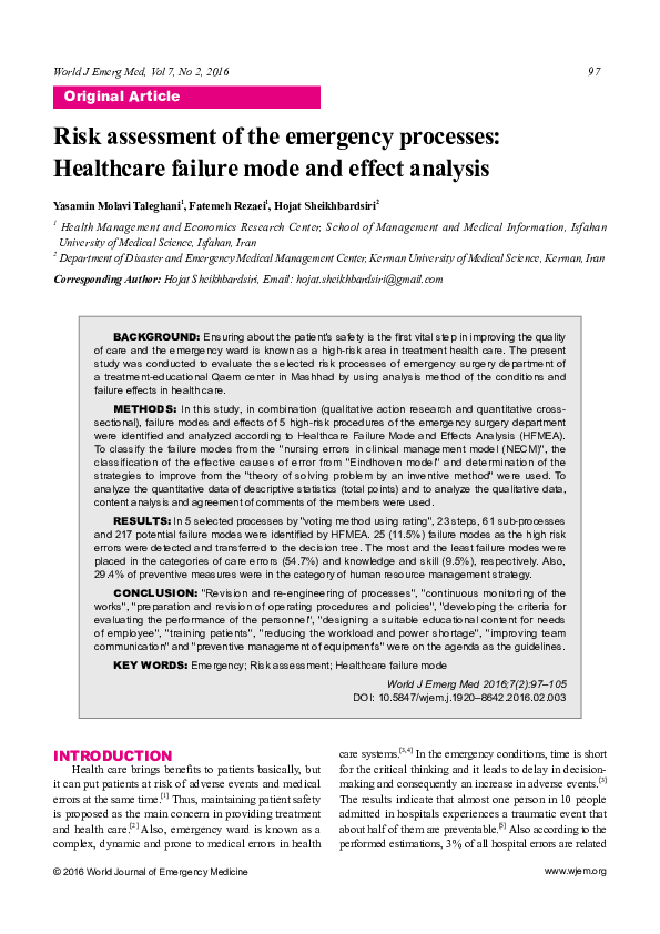 (PDF) Risk assessment of the emergency processes: Healthcare failure ...