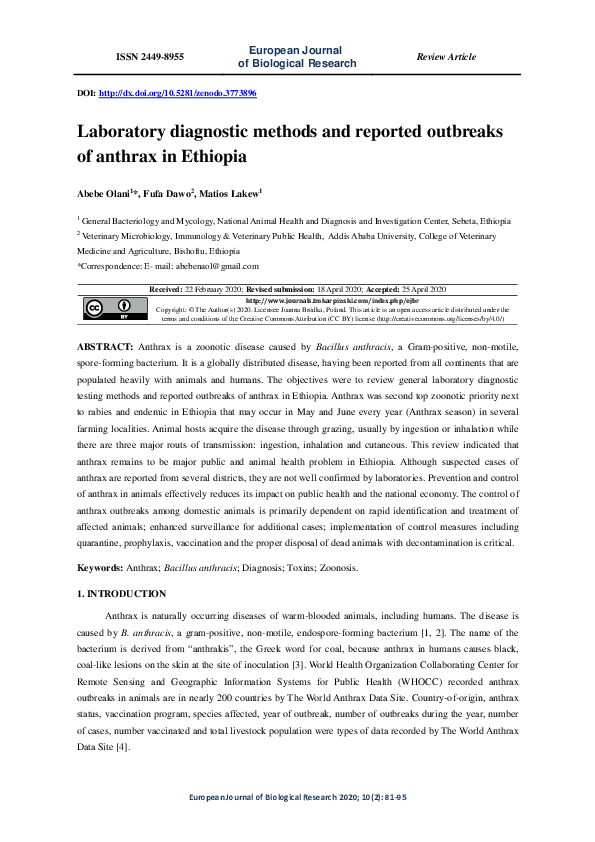 (PDF) Laboratory diagnostic methods and reported outbreaks of anthrax ...