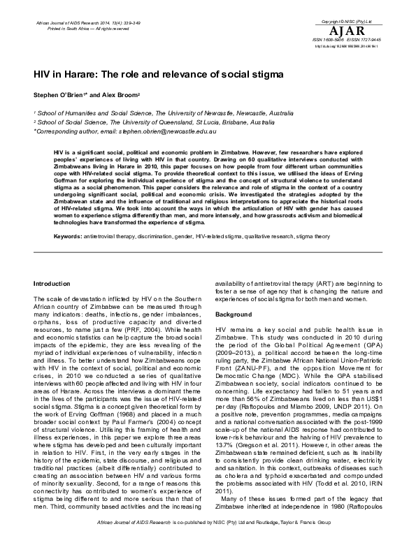 Pdf Hiv In Harare The Role And Relevance Of Social Stigma