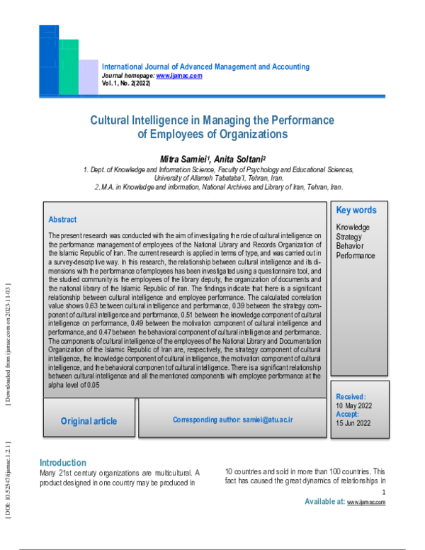 (PDF) Cultural intelligence in managing the performance of employees of ...