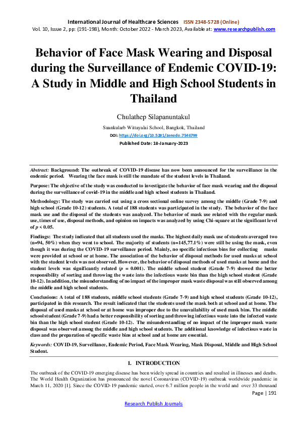 (PDF) Behavior of Face Mask Wearing and Disposal during the ...