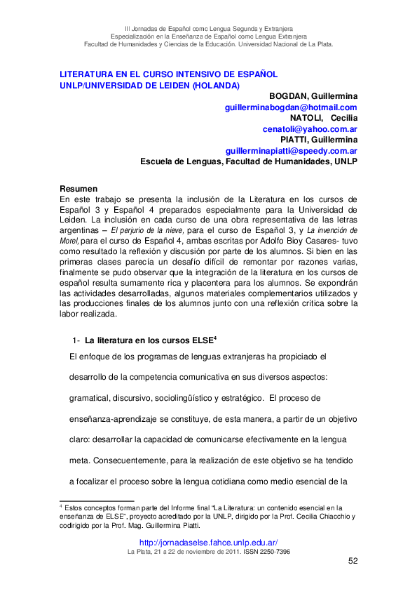 (PDF) Literatura en el curso intensivo de español UNLP/Universidad de ...