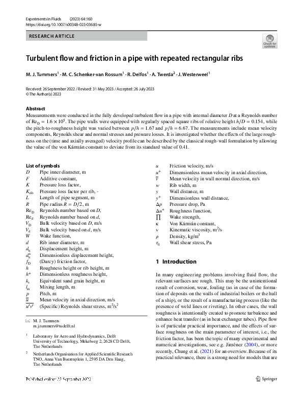 (PDF) Turbulent flow and friction in a pipe with repeated rectangular ribs