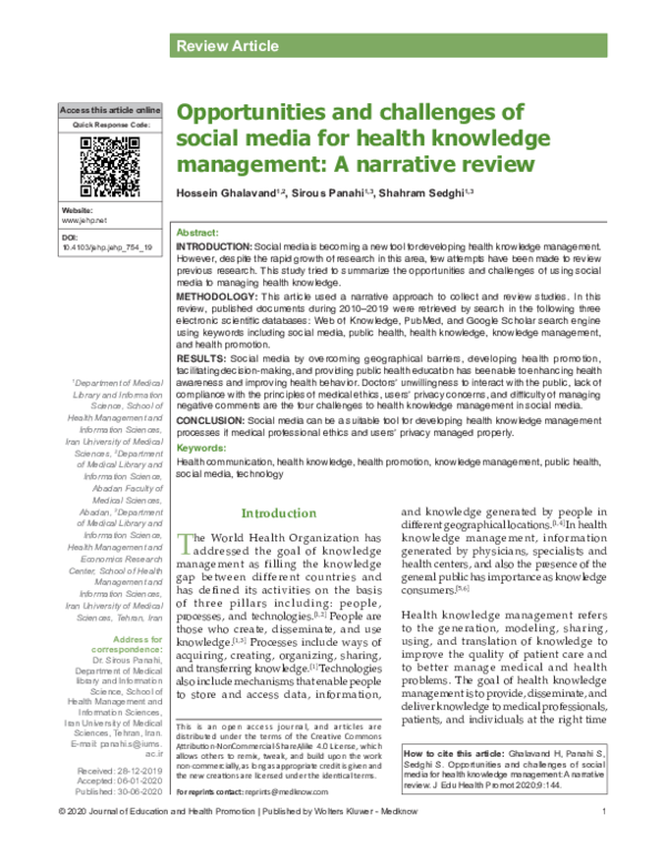 (PDF) Opportunities and challenges of social media for health knowledge ...