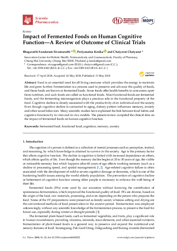 (PDF) Impact of Fermented Foods on Human Cognitive Function—A Review of ...