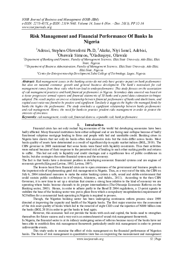 (PDF) Risk Management and Financial Performance Of Banks In Nigeria