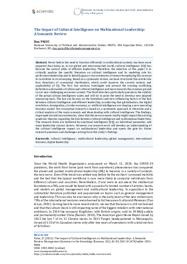(PDF) The Impact of Cultural Intelligence on Multinational Leadership ...