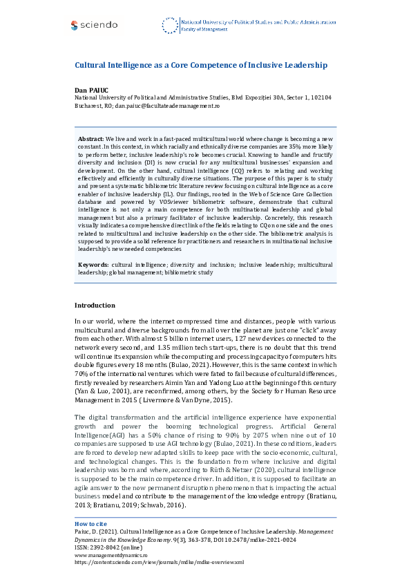 (PDF) Cultural Intelligence as a Core Competence of Inclusive Leadership
