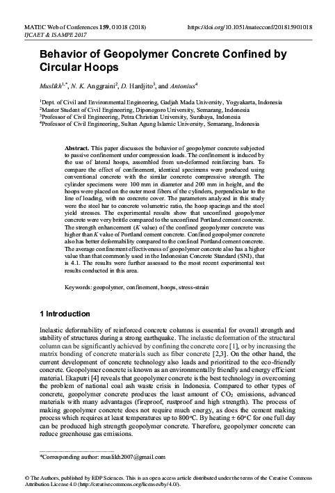 (PDF) Behavior of Geopolymer Concrete Confined by Circular Hoops