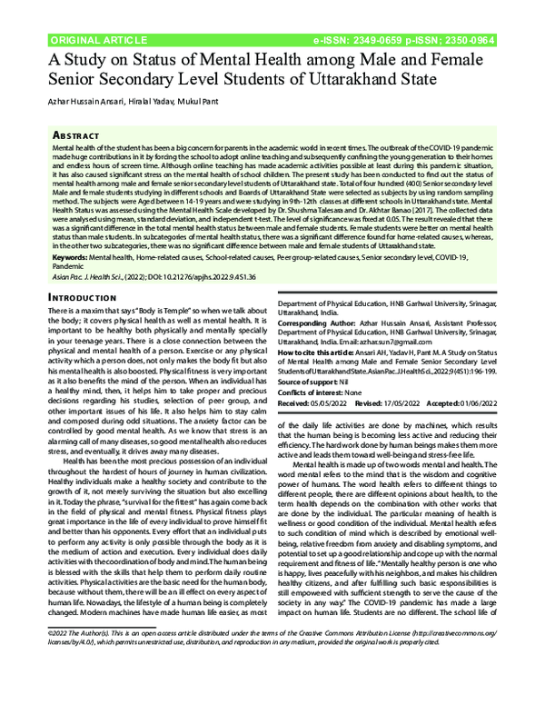 (PDF) A Study on Status of Mental Health among Male and Female Senior ...