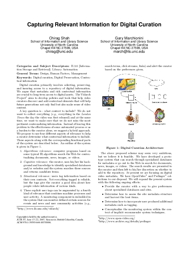 (PDF) Capturing relevant information for digital curation