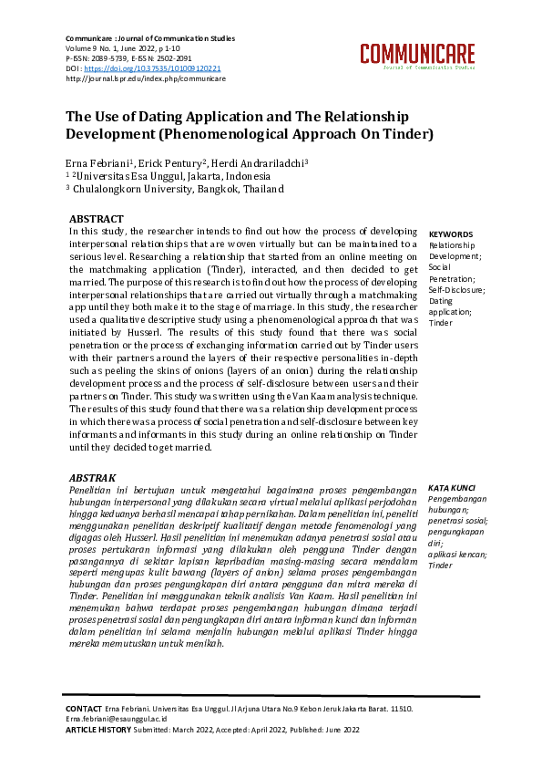 (PDF) The Use Of Dating Application and The Relationship Development ...