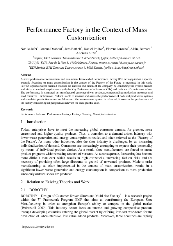 (PDF) Performance Factory in the context of mass customization