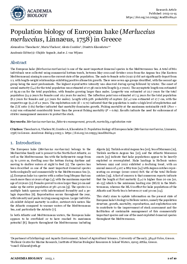Population biology of European hake (Merluccius merluccius, Linnaeus, 1758) in Greece