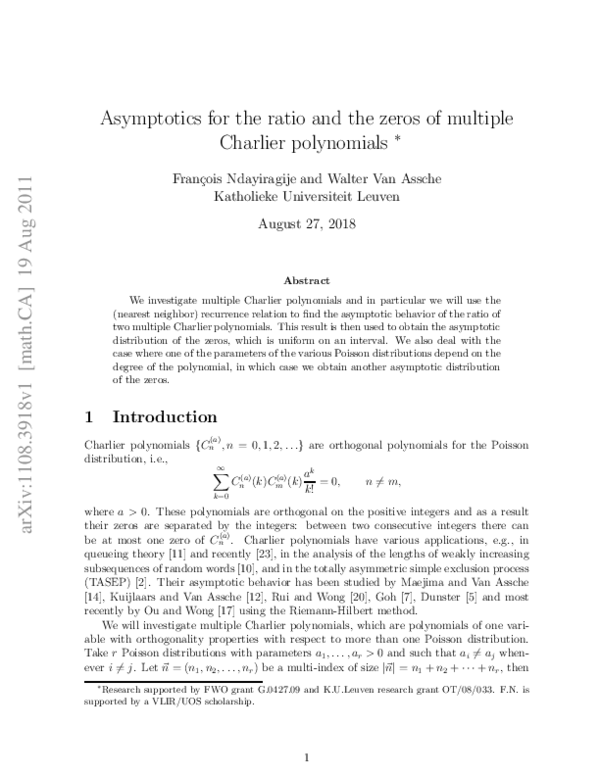 (PDF) Asymptotics for the ratio and the zeros of multiple Charlier ...