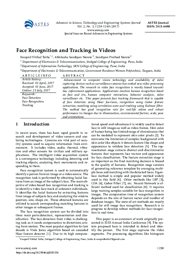 (PDF) Face Recognition and Tracking in Videos