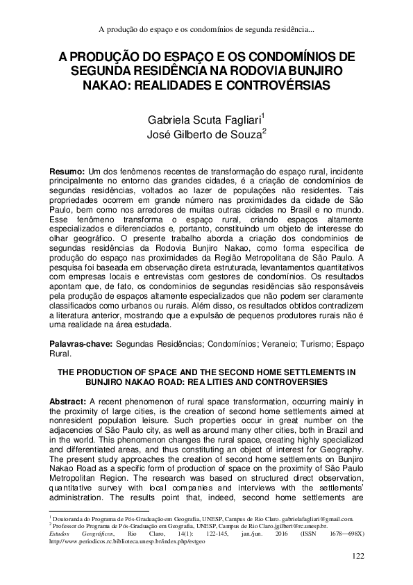 A Produção Do Espaço e Os Condomínios De Segunda Residência Na Rodovia Bunjiro Nakao: Realidades e Controvérsias