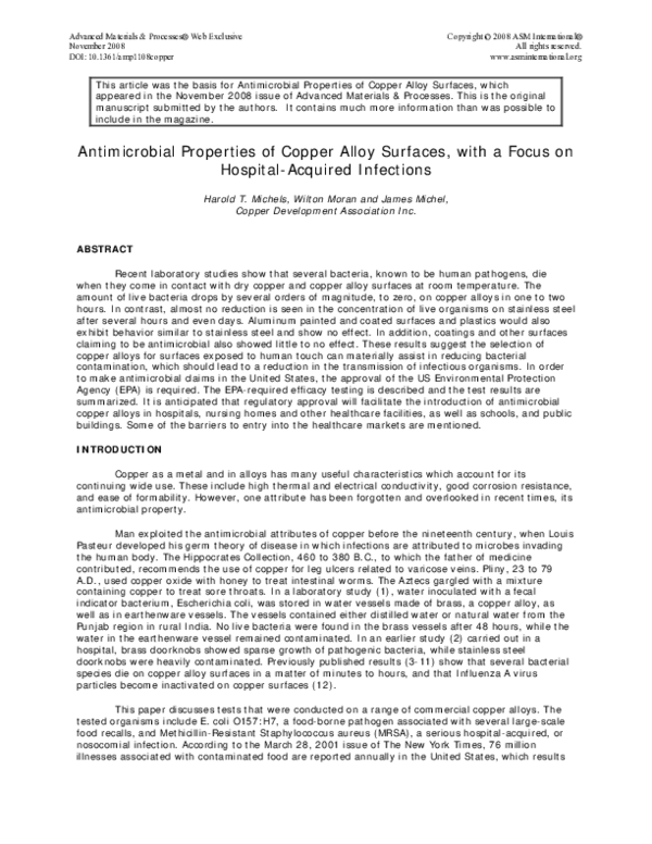 (PDF) Antimicrobial Properties of Copper Alloy Surfaces, With a Focus ...