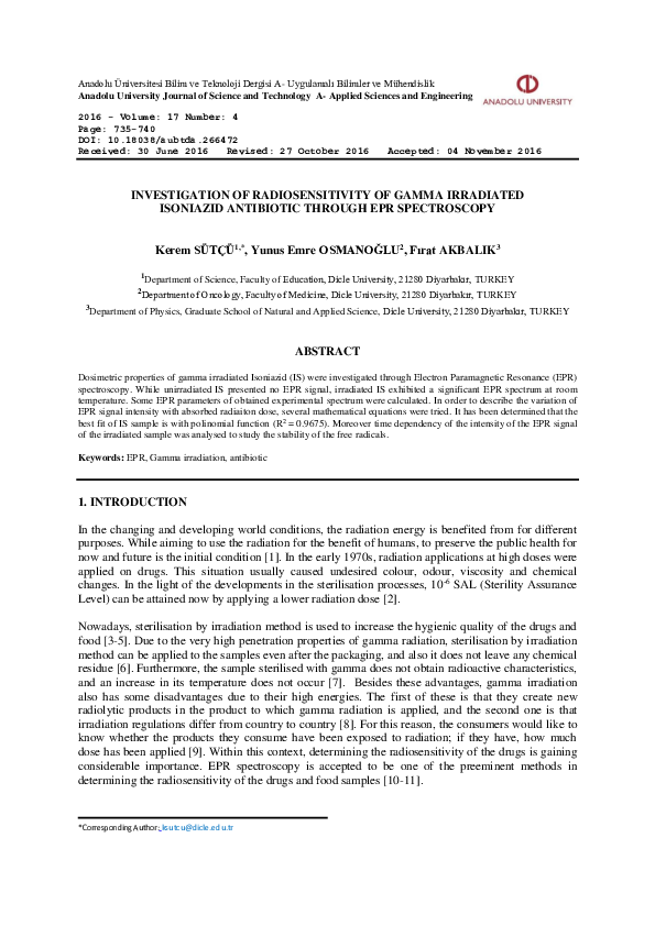 (PDF) Investigation of Radiosensitivity of Gamma Irradiated Isoniazid ...