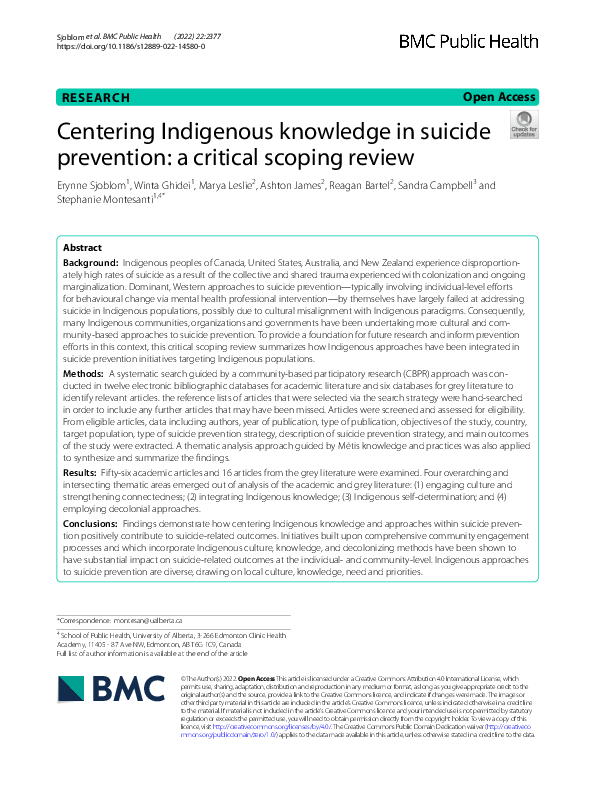 (PDF) Centering Indigenous knowledge in suicide prevention: a critical ...