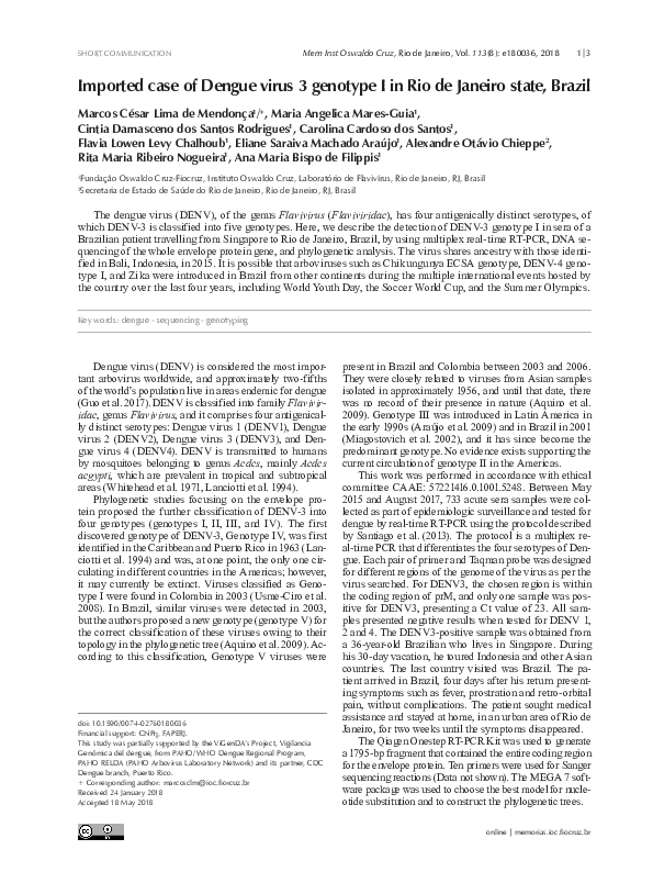 (PDF) Imported case of Dengue virus 3 genotype I in Rio de Janeiro ...