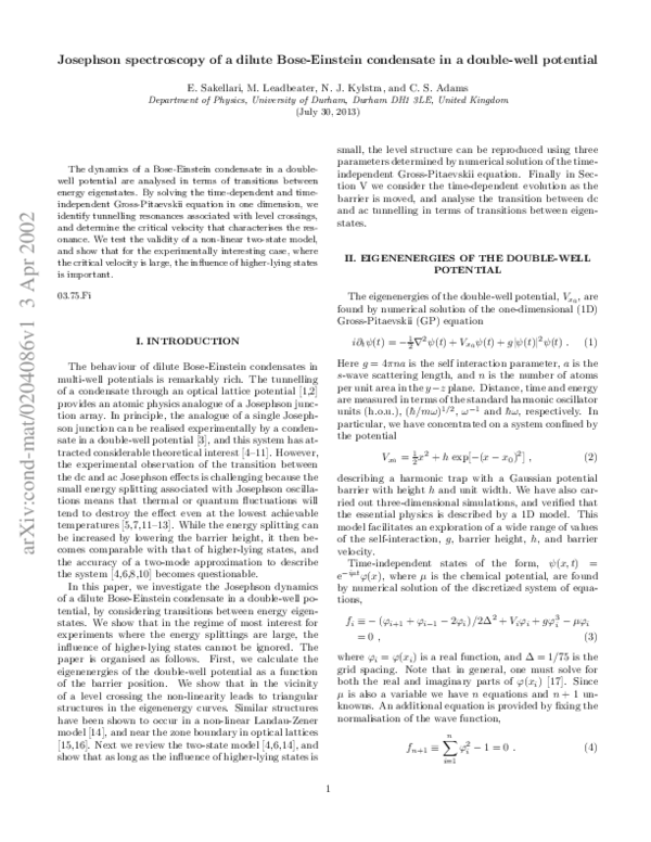 (PDF) Josephson spectroscopy of a dilute Bose-Einstein condensate in a ...