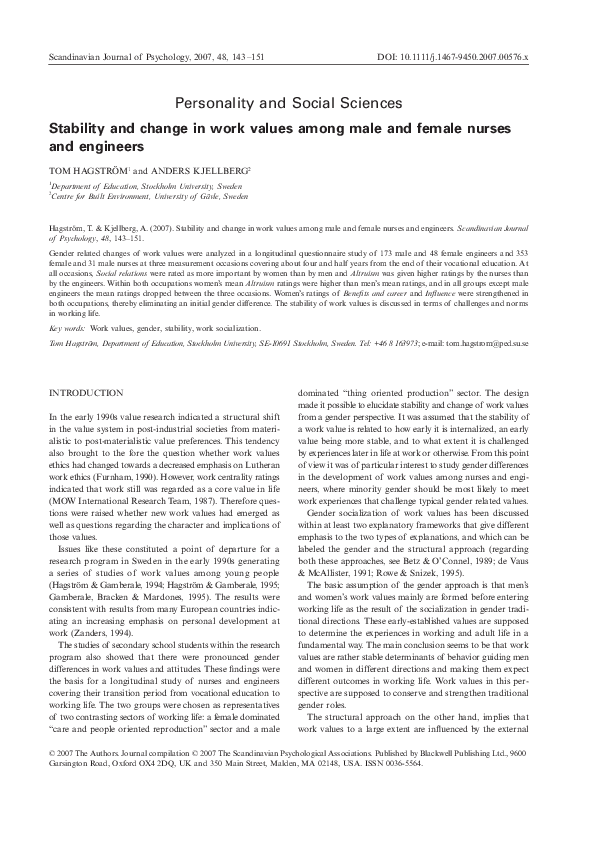 (PDF) Stability and change in work values among male and female nurses ...