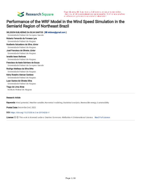 (PDF) Performance of the WRF Model in the Wind Speed Simulation in the ...