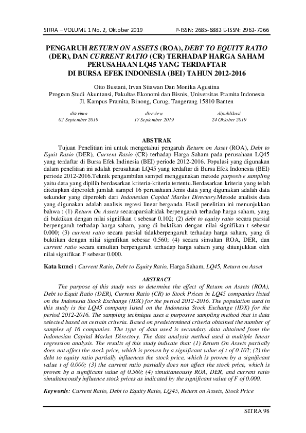 (PDF) Pengaruh Return on Assets (Roa), Debt to Equity Ratio (Der), Dan ...