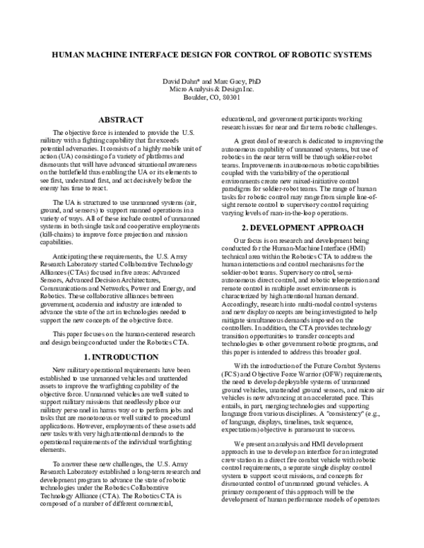(PDF) Human Machine Interface Design for Control of Robotic Systems
