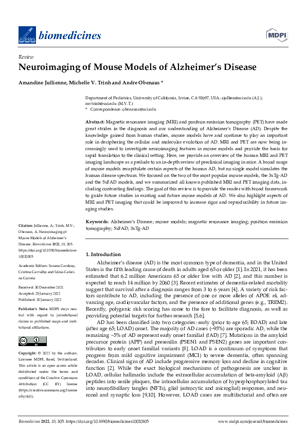(PDF) Neuroimaging of Mouse Models of Alzheimer's Disease