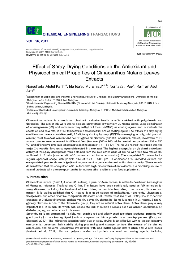 Effect of spray drying conditions on the antioxidant and physicochemical properties of clinacanthus nutans leaves extracts