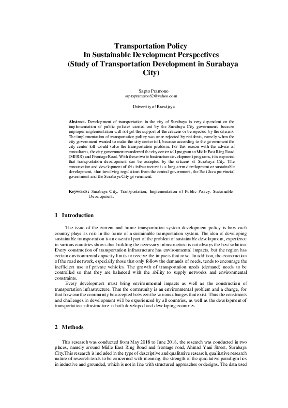 (PDF) Transportation Policy In Sustainable Development Perspectives ...