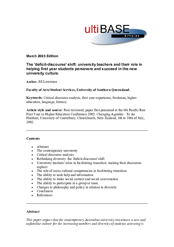 (PDF) The 'deficit-discourse' shift: university teachers and their role ...